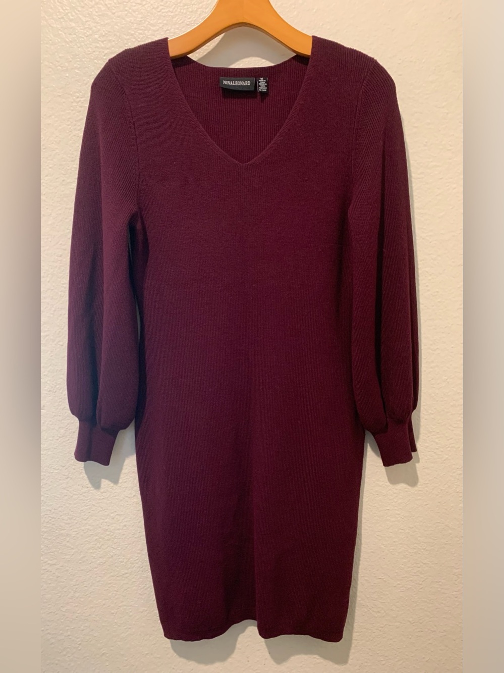 Nina Leonard Burgundy V-Neck Balloon Sleeve Sweater Dress